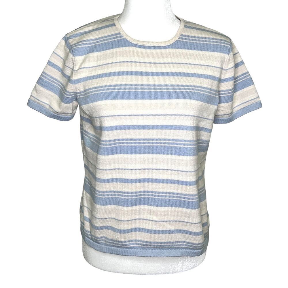 Talbots Blue Beige Cream Striped Cotton Rayon Knit Short Sleeve Sweater